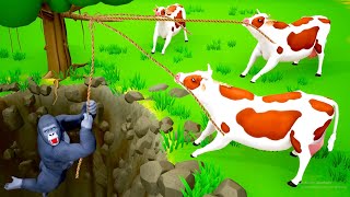 Cow Videos Cartoons  Cow Saving Gorilla from Giant Pit  Funny Animals 3D Farm Diorama Cartoons [upl. by Bautista]