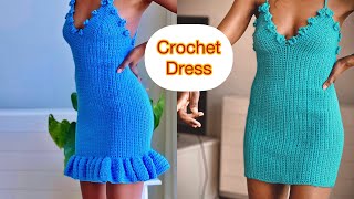 Crochet Ruffle Dress  Pencil Dress Easy Tutorial With Floral Detail [upl. by Cahilly131]