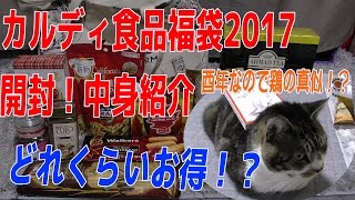 【カルディ食品福袋2017を開封☆食品いっぱい】キジトラ猫のリキちゃん乱入☆トリの真似！？☆福袋2017・中身紹介・中身バレ・ネタバレ・猫と一緒に商品紹介！？ [upl. by Eidualc]