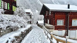 Wengen Switzerland 4K  Snowy walk in a beautiful Swiss village  Winter wonderland [upl. by Lyndy]