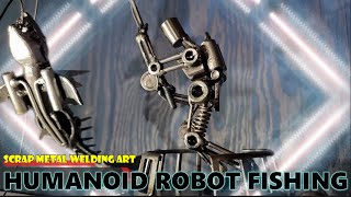 HUMANOID ROBOT FISHING A FLYING ROBOT FISH Steampunk Scrap Metal Welding Art sculpture [upl. by Aihsikal]