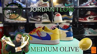 Travis Scott Jordan 1 Medium Olive Unboxing 4K [upl. by Weibel]