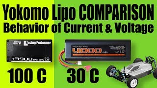 Lipo Battery COMPARISON100C vs 30CCurrent amp VoltageYOKOMO Brushless 105T BLPRO4 BLWMTT02 [upl. by Lenore372]