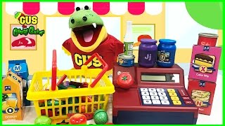 Pretend Play food toys Gus the Gummy Gator goes grocery store shopping [upl. by Oruntha77]