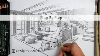 How to Draw A Living Room In Two Point Perspective  Step By Step [upl. by Eehsar895]