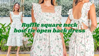 DIY Ruffle square neck bow tie open back dress  Making my birthday dress  Sewing tutorial [upl. by Uliram]