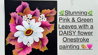 🌸🌿Super Stunning pink amp green leaves with a WHITE DAISY FLOWER acrylic painting 🌿🌸 [upl. by Leah]