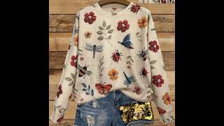 Vibrant Floral Dragonfly Print Crew Neck Sweater  Womens Pullovers  Long Sleeve Casual Fall [upl. by Ynez]