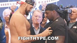 TYSON FURY amp DILLIAN WHYTE PUT HANDS ON EACH OTHER FOR A SQUEEZE FRIENDLY BANTER AT FINAL FACE OFF [upl. by Eeresed]