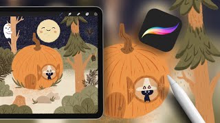 TUTO PROCREATE Halloween dans un univers cute citrouille fantôme chat sorcier chauvesouris [upl. by Ahseenak]