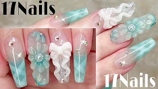 mint green⭐️夏ネイル☀️ロングネイル🫶リボンネイル🎀チェックネイル✨チップで長さだしからデザインまでhow to extend nails with tips [upl. by Coyle989]