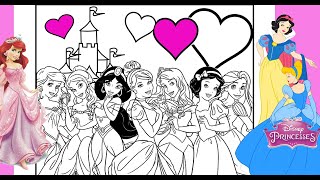 DISNEY PRINCESS Group All Together Coloring Page PRINCESSES ARIEL JASMINE BELLE CINDERELLA AURORA [upl. by Ailem426]