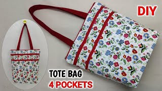 TOTE BAG  4 POCKETS  How to sew tote bag with zipper pockets  Cloth bag making  Shopping bags [upl. by Haraj]