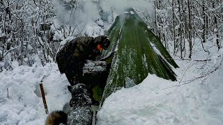 3 Days SOLO SURVIVAL CAMPING In DEEP SNOW  Winter Storm Bushcraft Hot Tent Camp  Stove Cooking [upl. by Rudy]