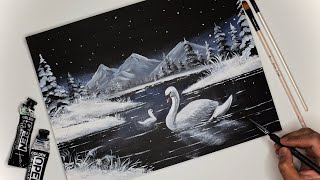 Beautiful Winter Lake Painting  Swan Painting  How To Paint Landscape  Acrylic Painting Tutorial [upl. by Pritchard]