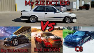 The Gappening Part 1 2JZ DCT Swapped E30 Goes Hunting  vs Big Turbo M340i S550 C8 [upl. by Aruasi]