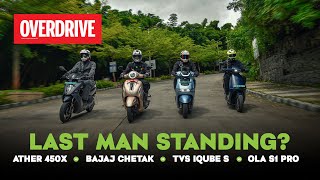 Ola S1 Pro v Ather 450X Gen 3 v Bajaj Chetak v TVS iQube  real world range test  OVERDRIVE [upl. by Attirb]