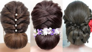 3 Party hairstyles Hairstyles for mediumamplong hair Low bun Bridal hairstyle Hair tutorial [upl. by Rtoip]