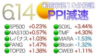 PPI大幅減速で利下げ期待（6月14 日） 米国市況10分解説 （レバナスFANGTop20TECLSOXLWEBLBitcoinTMF）医療系レバナス投資家 谷口総志 [upl. by Noland]