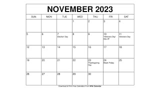 Printable November 2023 Calendar Templates With Holidays  Wiki Calendar [upl. by Minoru313]