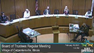 Village of Carpentersville Illinois  Board Meeting  20210216 [upl. by Ahtnicaj]