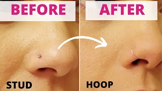 How to change nose stud to nose hoop First time changing nose ring [upl. by Annawat]