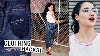 3 EASY DIY CLOTHING HACKS  REINVENT YOUR CLOTHES Embroidery Quotes amp TShirt Cutting [upl. by Solahcin]