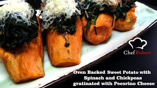 Simple recipe of Backed Sweet Potatoes with Spinach and Chickpeas gratinated with Pecorino Cheese [upl. by Ojillib582]