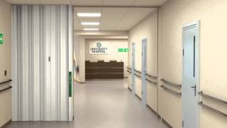 Cross Corridor Accordion Fire Door Versus Side Hinged Door 3D Animation [upl. by Etiam]