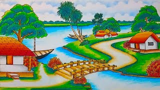 How to draw easy scenery drawing with beautiful landscape village with riverside scenery drawing [upl. by Aleka]