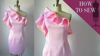 How To Sew A One Shoulder Satin Ruffle Dress [upl. by Griz762]