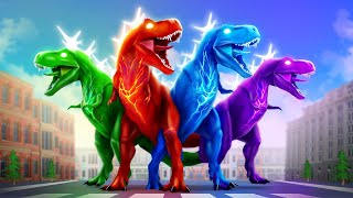 Jurassic War Epic Battle of 4 Color Super Dinosaurs in the City Dinosaur Fights Jurassic Cartoons [upl. by Martainn229]