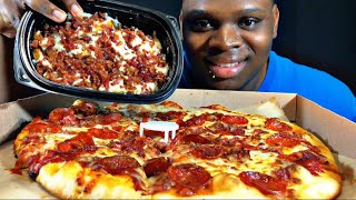 CHEESY PEPPERONI BACON PIZZA amp CHEESY ALFREDO FRIES MUKBANG  CALIENTAY ASMR MUKBANG [upl. by Eilama]