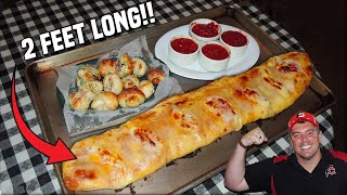 Cheesy 2ft Italian Stromboli Challenge w Garlic Knots [upl. by Brit770]