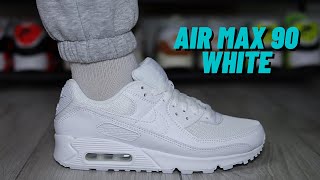 Nike Air Max 90 quotAll Whitequot On Feet Review [upl. by Banyaz]