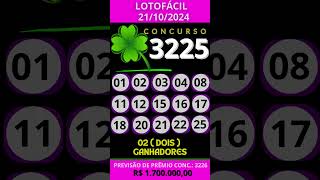 🍀 LOTOFÁCIL HOJE 21102024 CONCURSO 3225 [upl. by Ansela722]