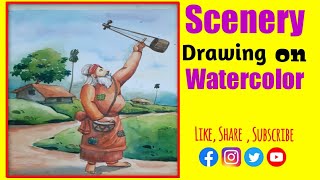 Scenery Drawing on watercolor Rakesh Mondal art scenery watercolor [upl. by Nirehtak]