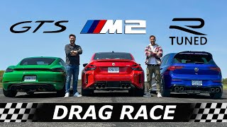 2023 BMW M2 vs Porsche Cayman GTS 40 vs Tuned Golf R  DRAG RACE  LAP TIME [upl. by Nwahsar]