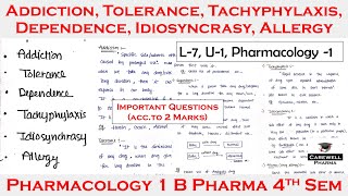 Addiction Tolerance Dependence Tachyphylaxis Idiosyncrasy Allergy  L7 U1  pharmacology 1 [upl. by Cirted798]