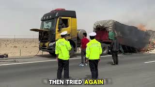 Desert Highway Drama Heavy Cargo Truck Fire in China – A Rescue Mission [upl. by Villiers]