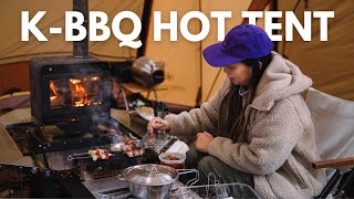 Korean BBQ in a hot tent camping in the winter rain  No talking  ASMR [upl. by Ydoj322]