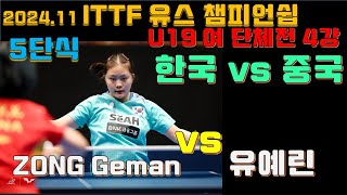 단체전 말방 유예린 vs 중국 ZONG Geman U19 준결승 ITTF World Youth Championships 202411 YOO Yerin [upl. by Nnarefinnej]