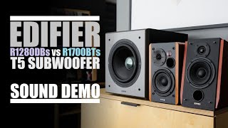 Edifier R1280DBs  T5 sub vs Edifier R1700BTs  T5 sub  Sound Comparison [upl. by Onitsirc]