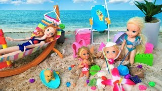 Sandcastles Anna and Elsa Toddlers Beach Day Barbie Chelsea Swimming Waves Floaties Toys amp Dolls [upl. by Scotney940]