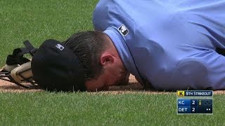 KCDET Umpire hit on the jaw with pitch stays in [upl. by Anirahtak]