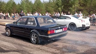 BMW 320i E30 28T vs 2014 Nissan GTR R35 14 mile drag race [upl. by Vookles]