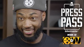 TJ Watt Mike Williams Pat Freiermuth on 2827 Win at Commanders  Press Pass  Pittsburgh Steelers [upl. by Vacla]