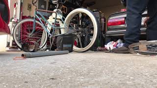 Stretching a 2125” tire on a 4” wheel goes wrong Scraper bike build [upl. by Eralcyram]