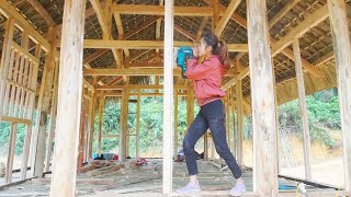 Install wooden window frames and wall frames alone girl start build wooden house live with nature [upl. by Portwin]