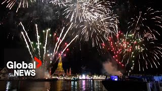 New Years 2023 Thailand ushers in New Year with fireworks over iconic temple in Bangkok [upl. by Hamil]